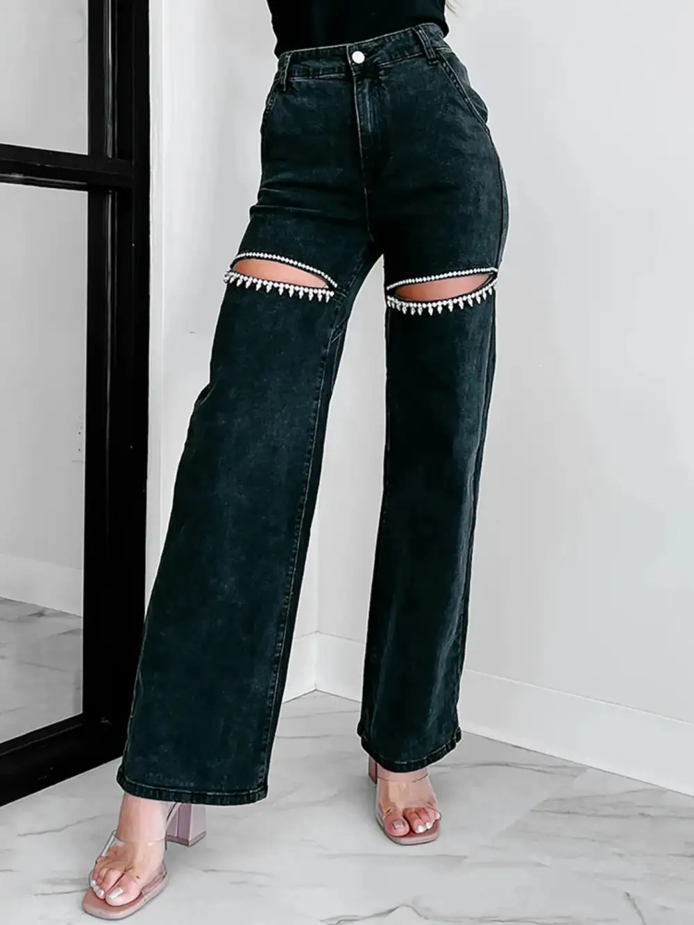Sharp Wide Leg Ripped Denim Jeans