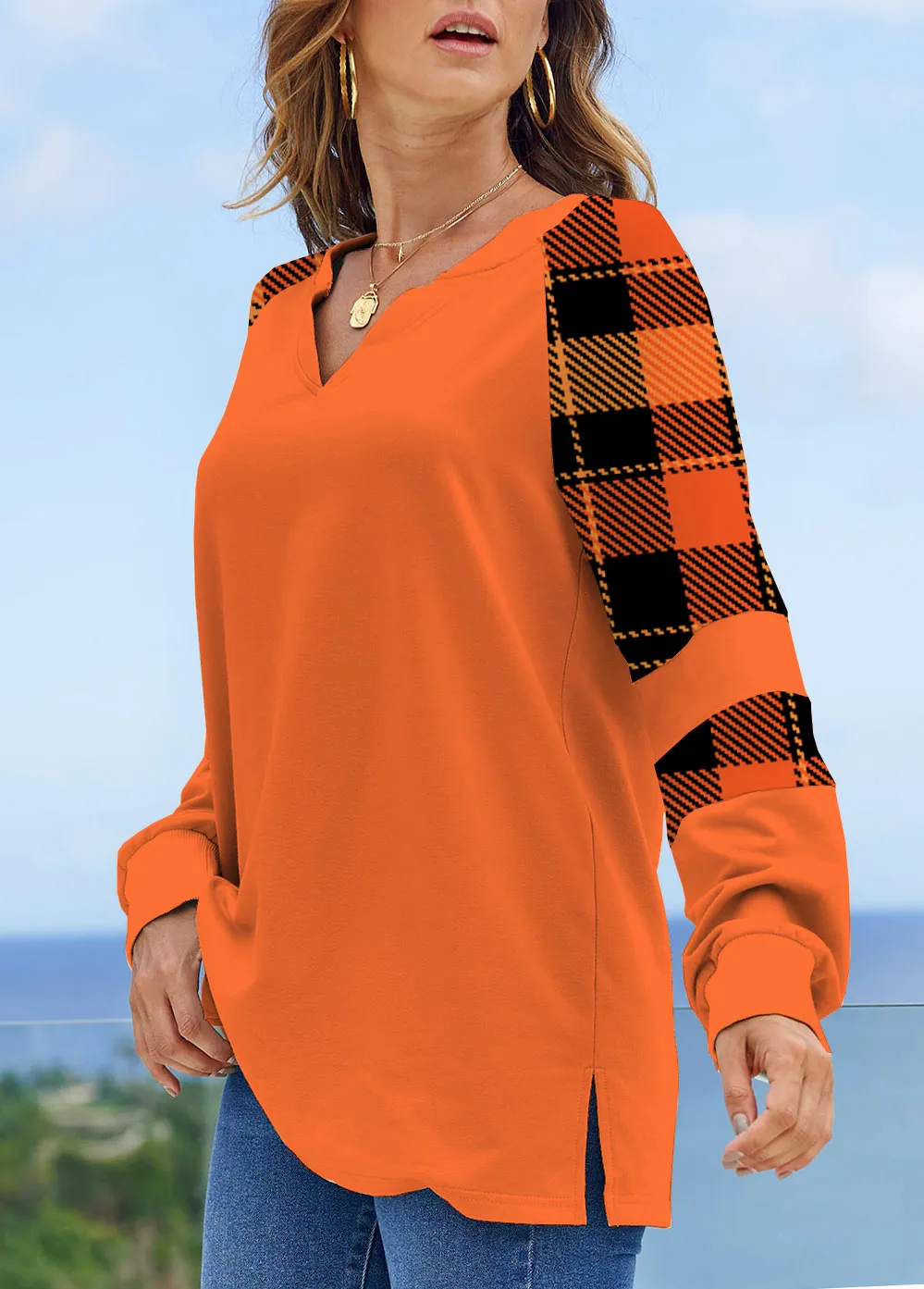 Long Sleeve Split Neck Contrast Sweatshirt