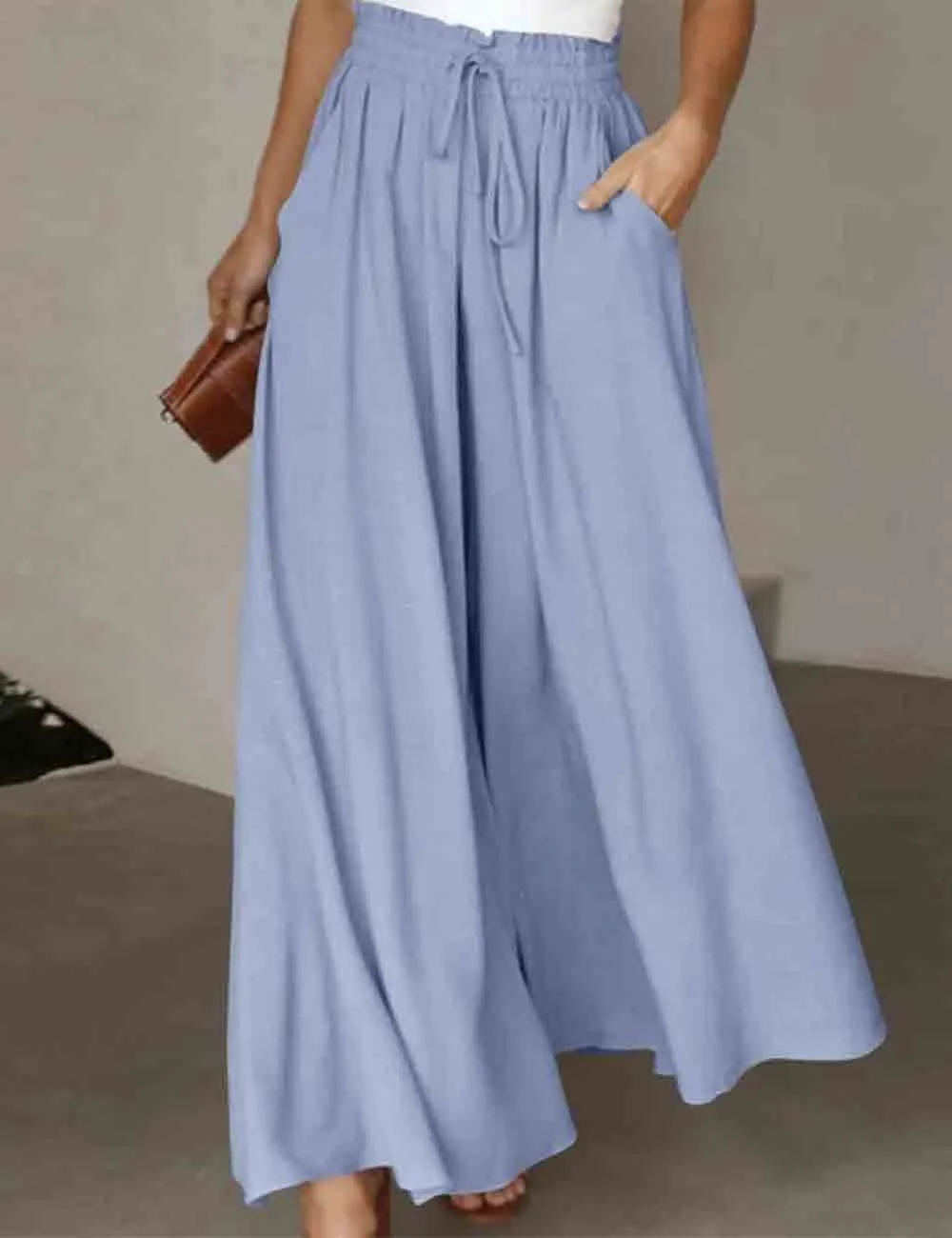 Elastic Waist Tie Wide Leg Pants
