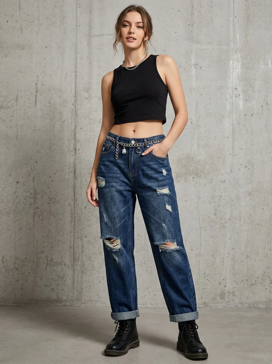 Women's Streetwear Chain-Decorated Distressed Denim Pants