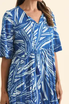 Below-Knee Abstract Cotton Gathered Pocket Ruffle V-Neck Dress