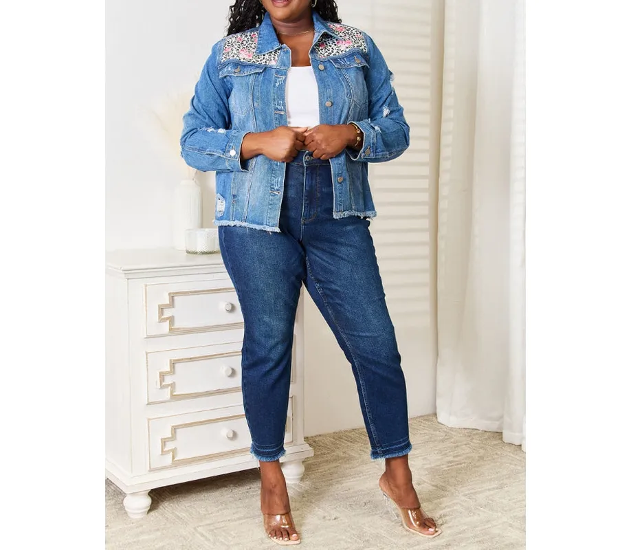 Leopard Floral Distressed Raw-Hem Denim Jacket