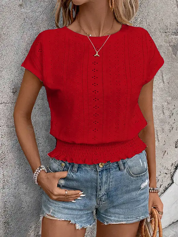 Relaxed Short Sleeve Elasticity Cutout Jacquard Round Neck T-Shirt