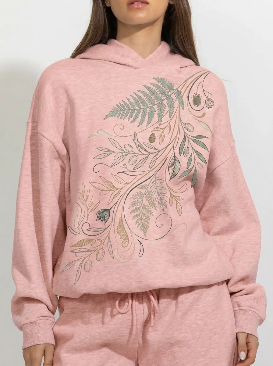 Women's Botanical Fern Olive Branch Printed Hoodie