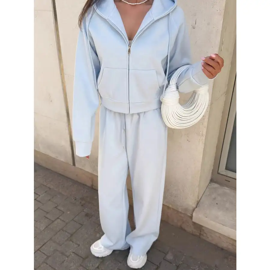 Zip Up Drawstring Hoodie and Pants Set