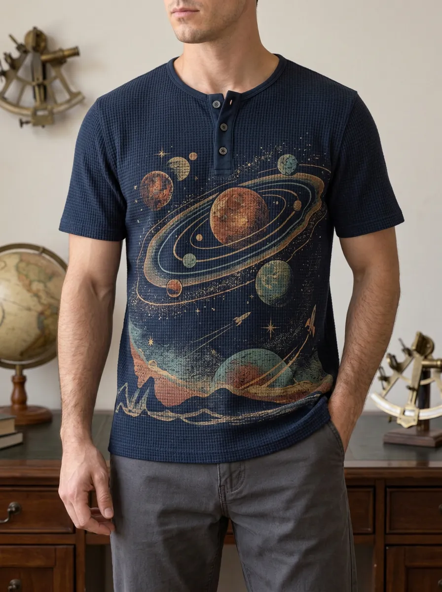 Men's Relaxed Space Astronomy Solar System Henley T-Shirt