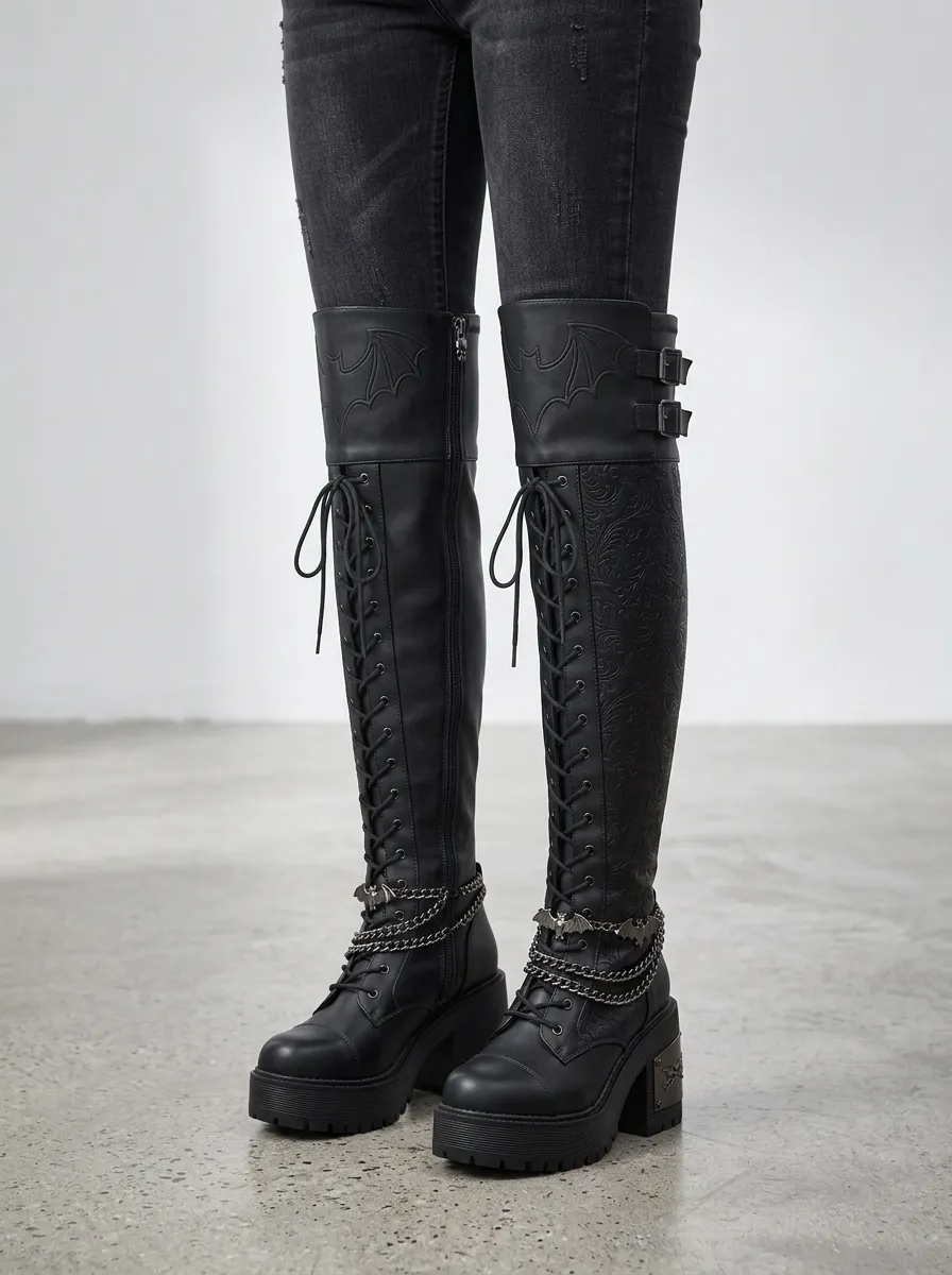 Ritual-Inspired Bat Chain Embossed Night Look Women's Gothic Platform Knee High Boots