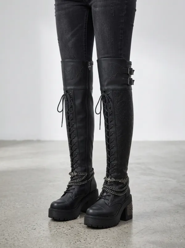 Ritual-Inspired Bat Chain Embossed Night Look Women's Gothic Platform Knee High Boots