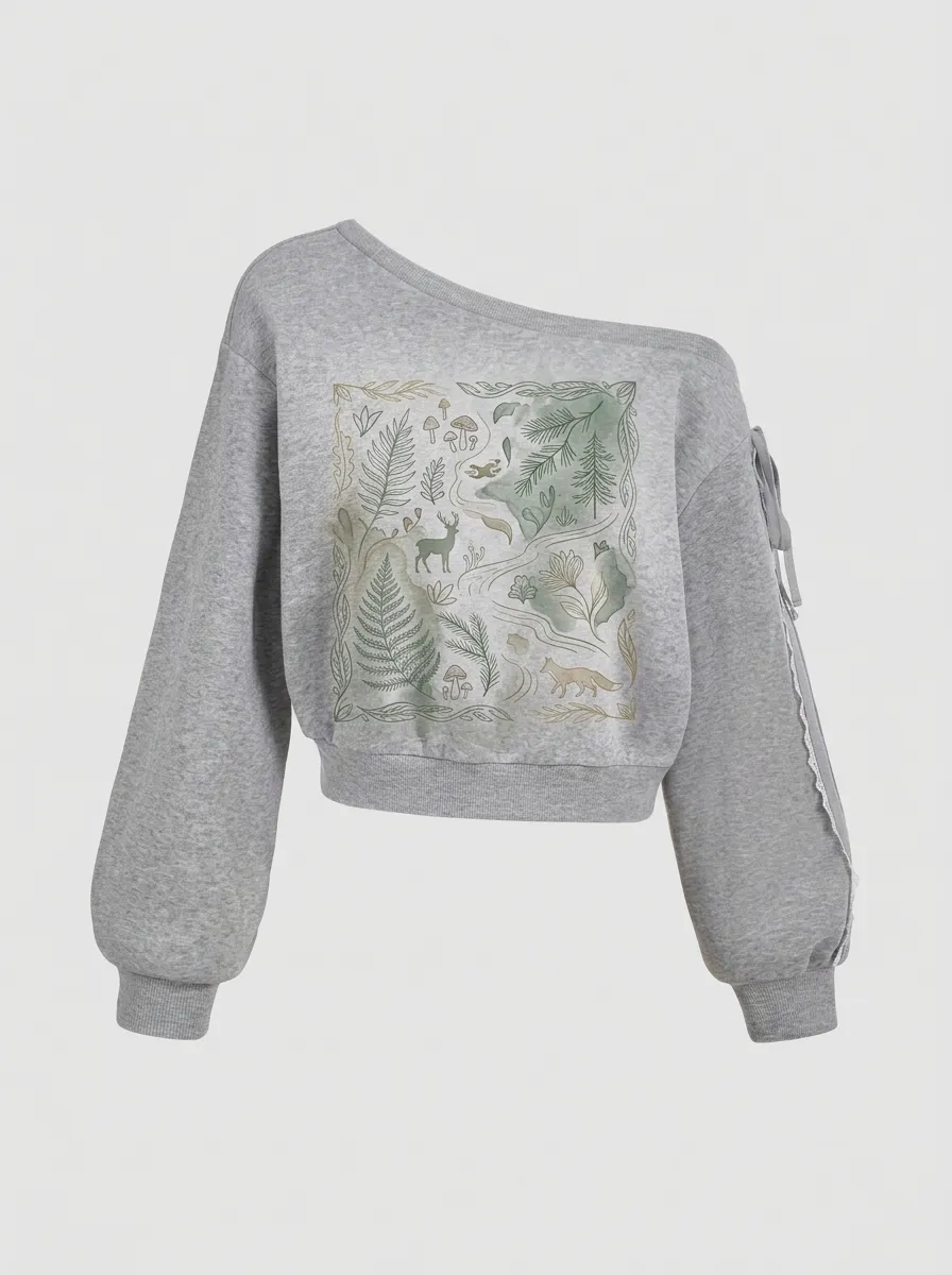 Women's Forest Nature Lover Deer Fox Fern Printed Off-shoulder Sweatshirt