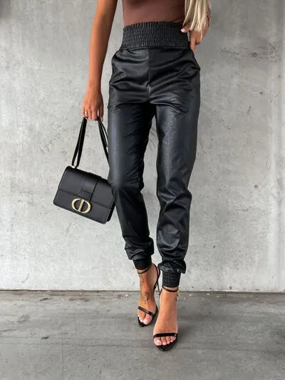 Smocked High Waist Pants With Pocket