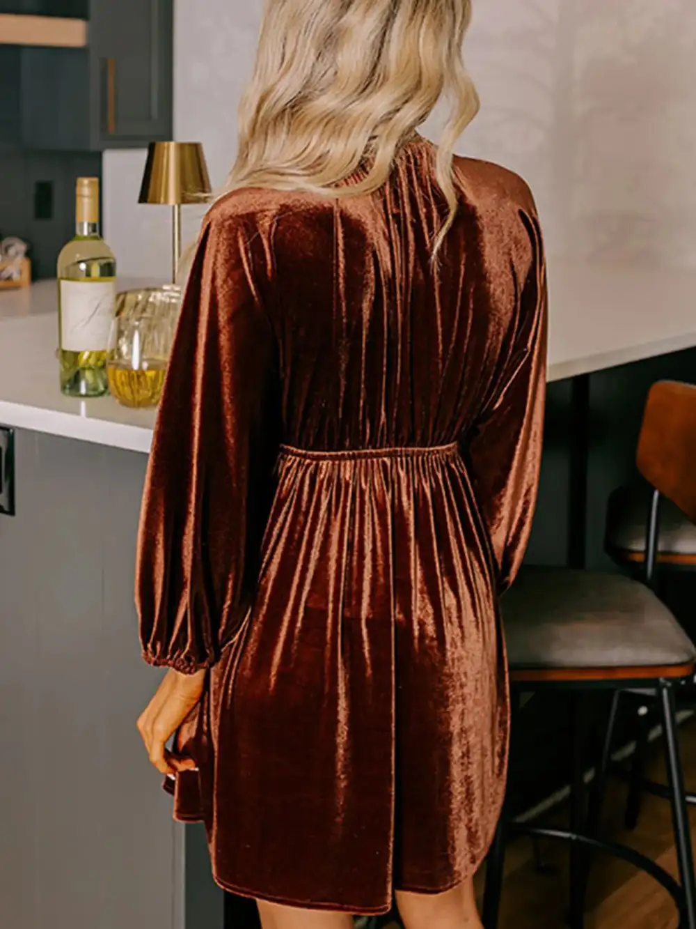 Velvet Puff Sleeve Casual Dress