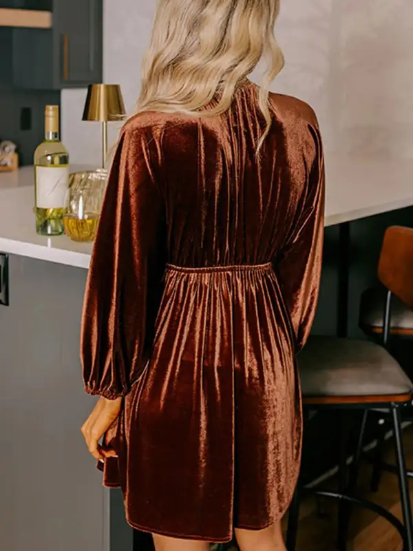Velvet Puff Sleeve Casual Dress