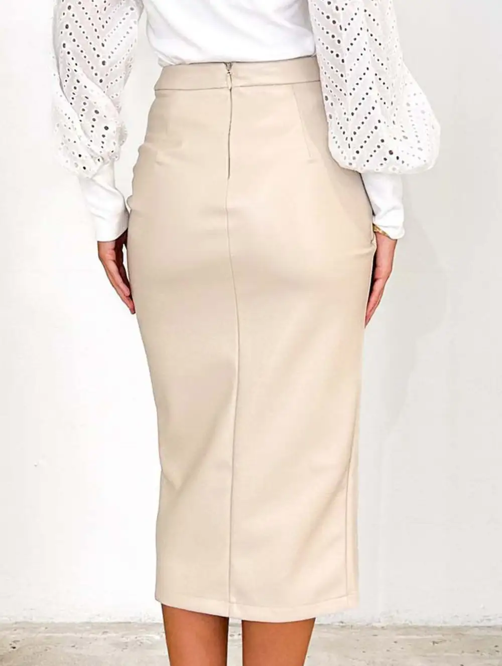 Leather Look Pleated Zipper Midi Skirt