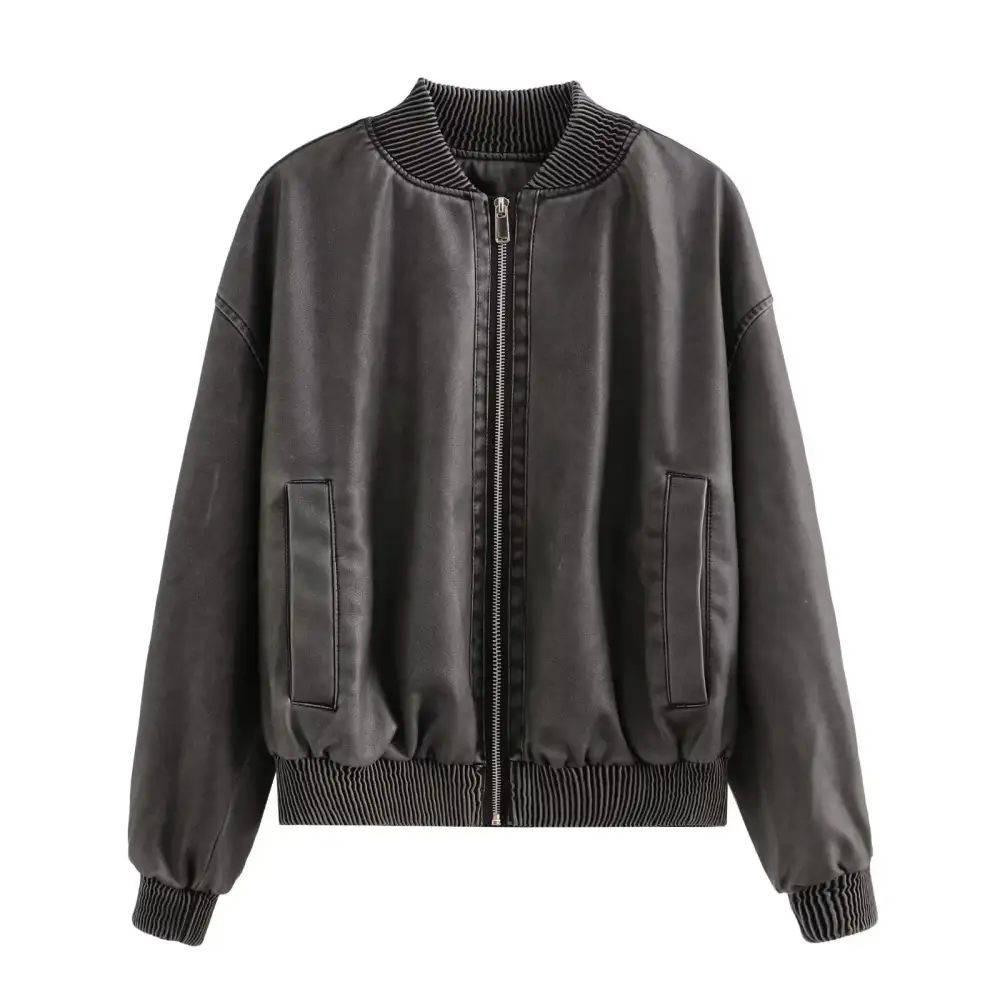 Oversized Faux Leather Stand Collar Ribbed Trim Bomber Jacket
