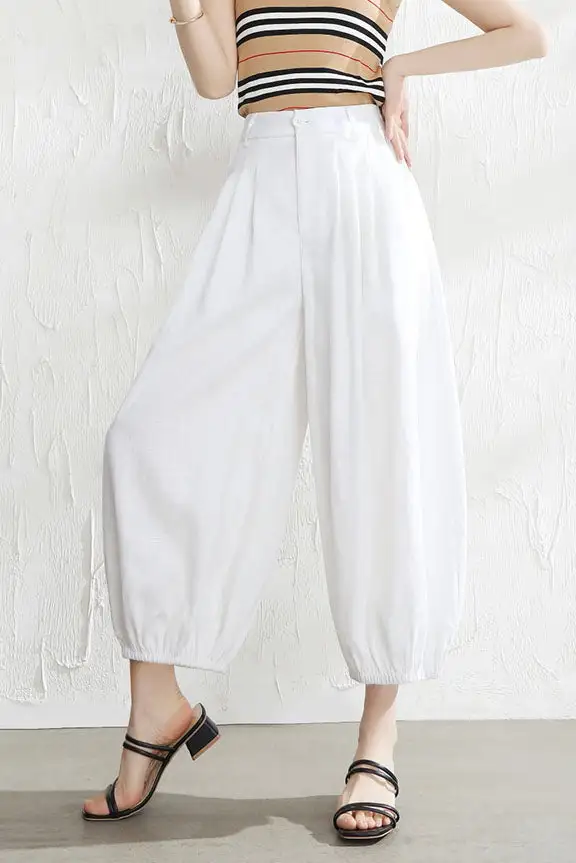 Classic Linen Wide Leg Cropped Elastic Waist Pocketed Trousers