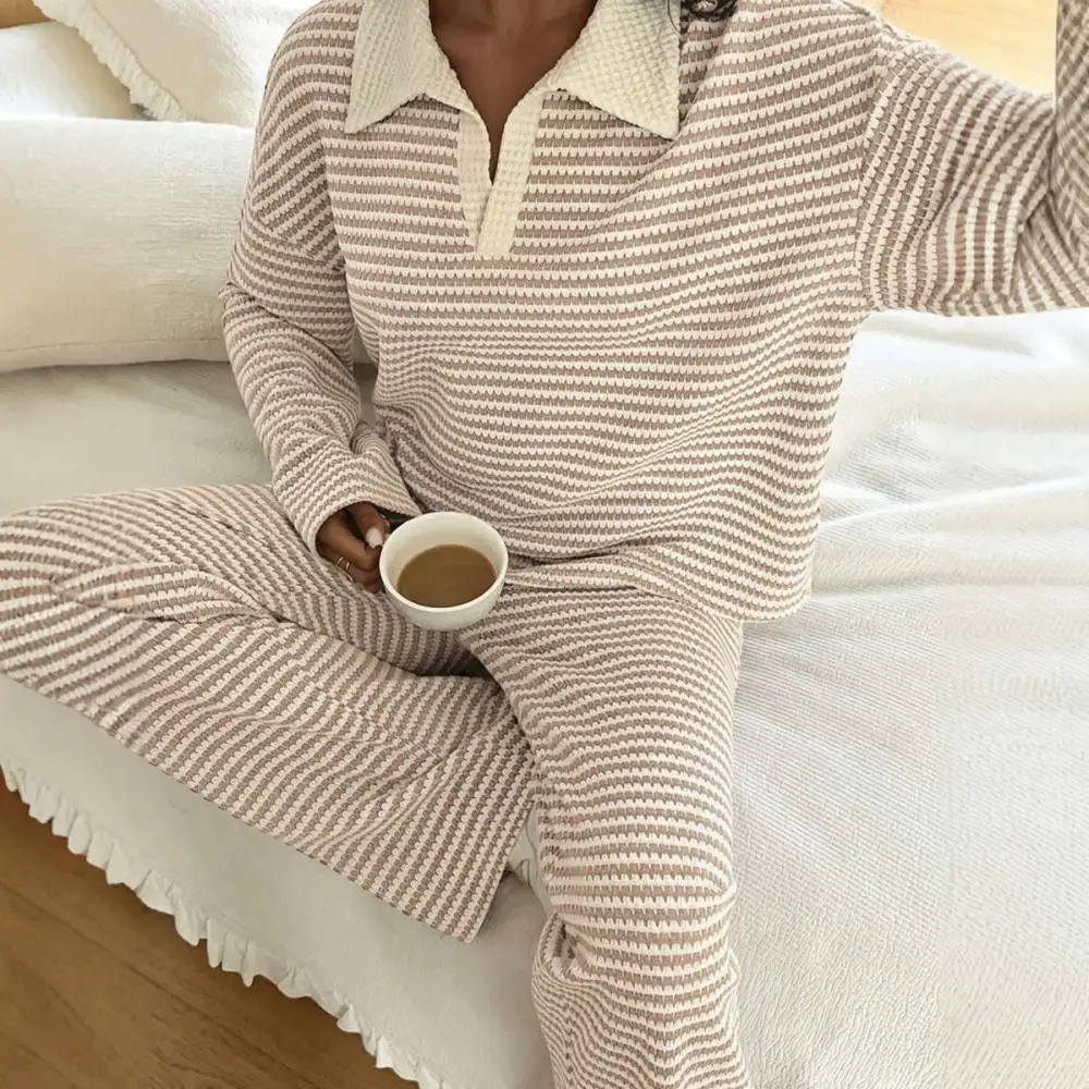 Wide-Leg Elastic-Waist Long-Sleeve Women's Matching Set