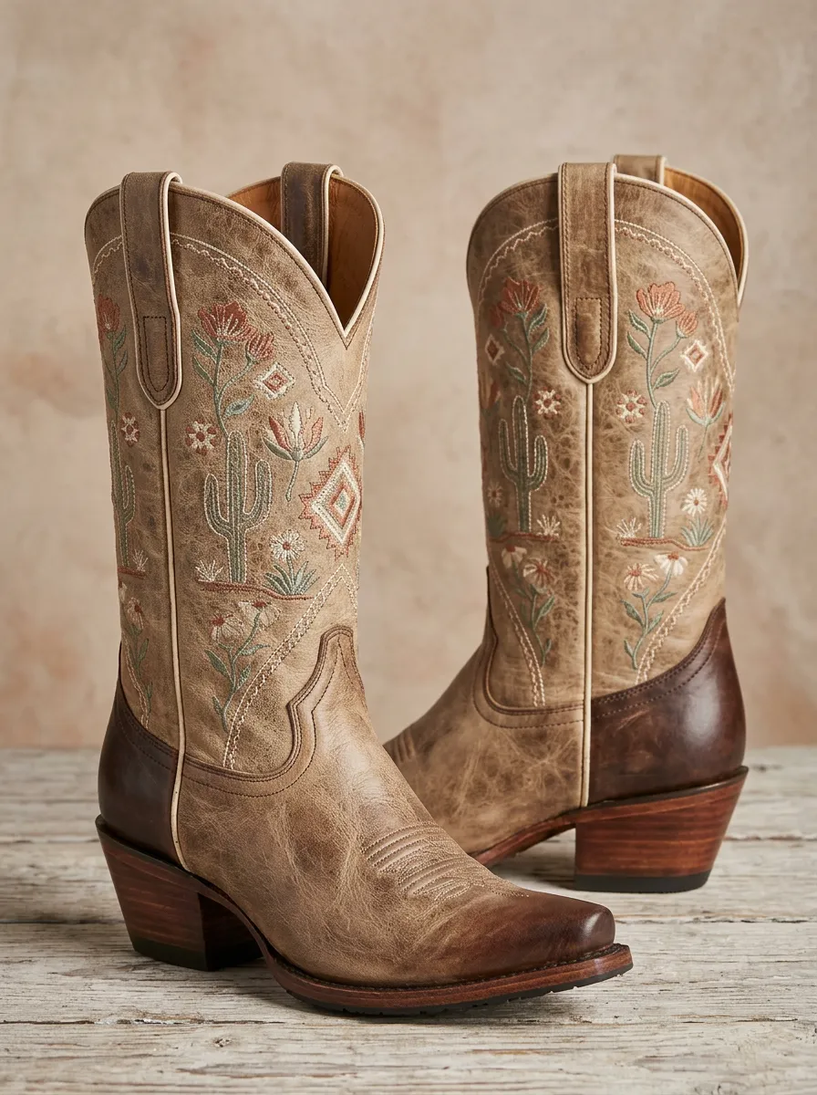Canyon Cactus Floral Embroidered Look Unisex Western Cowboy Boots