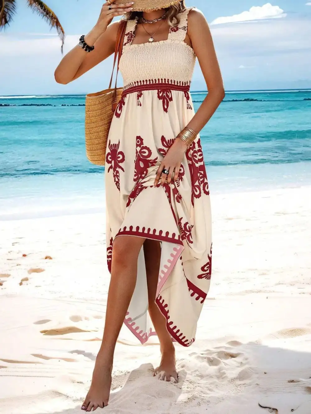 Smocked Printed Wide Strap Maxi Dress