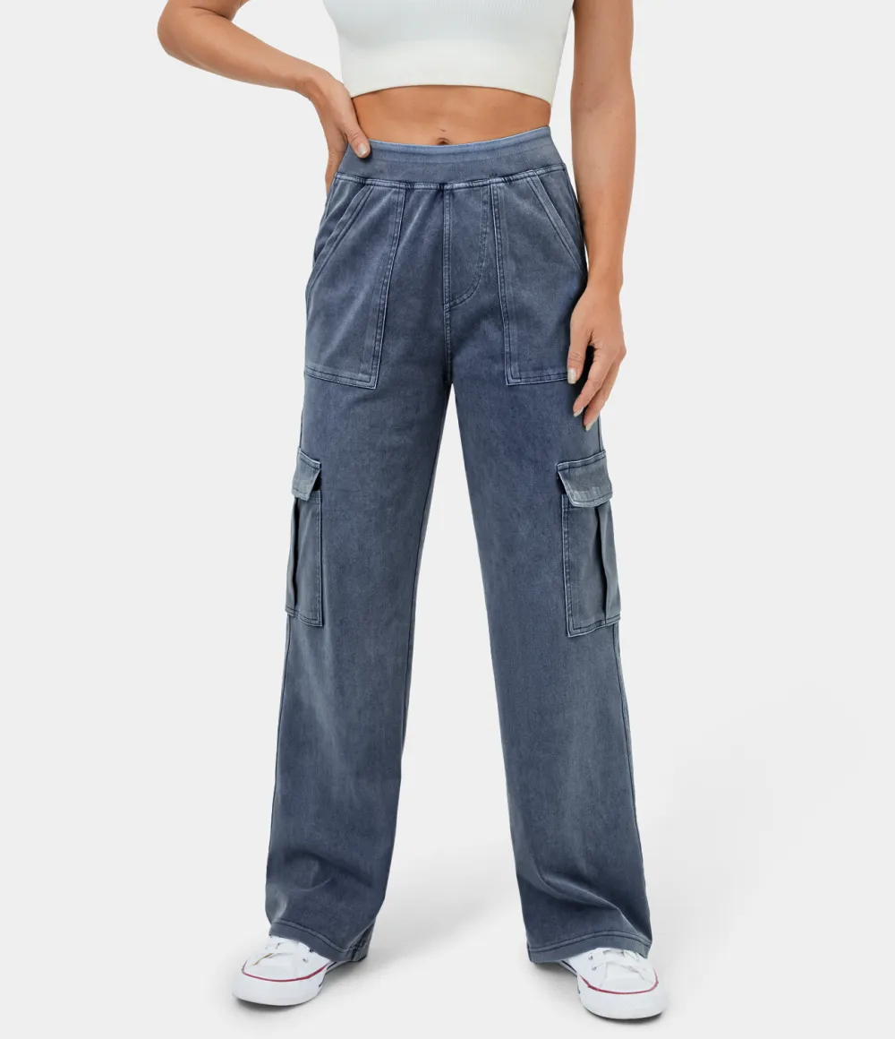 Magic Mid Rise Multiple Pockets Straight Leg Stretchy Knit Casual Cargo Jeans