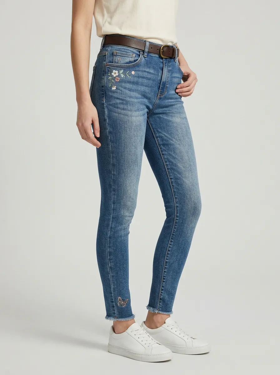 Women's Floral Butterfly Nature Embroidered Graphic Slim Jeans