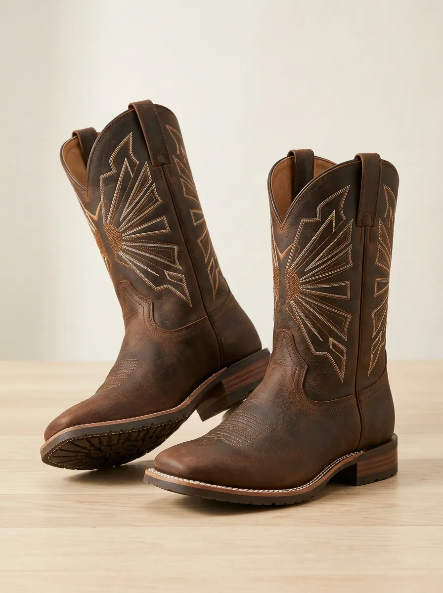 Unisex Western Cowboy Sunburst Embroidered Boots