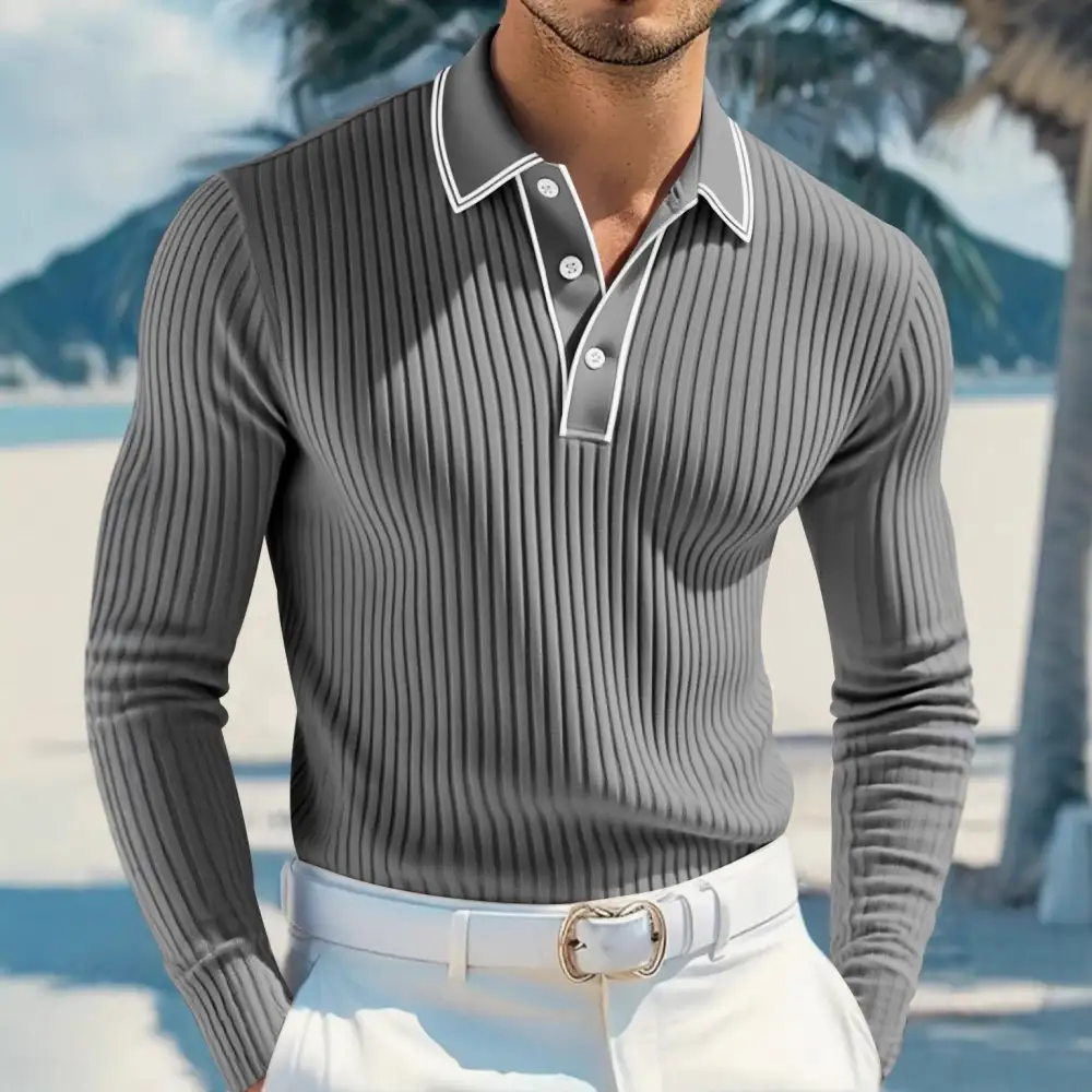 Ribbed Long Sleeve Slim Fit Polo Shirt