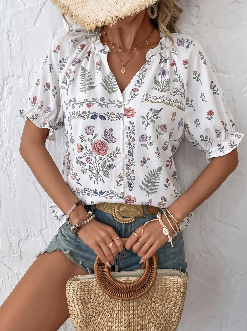 Women's Floral Botanical Butterfly Printed V-Neck Blouse