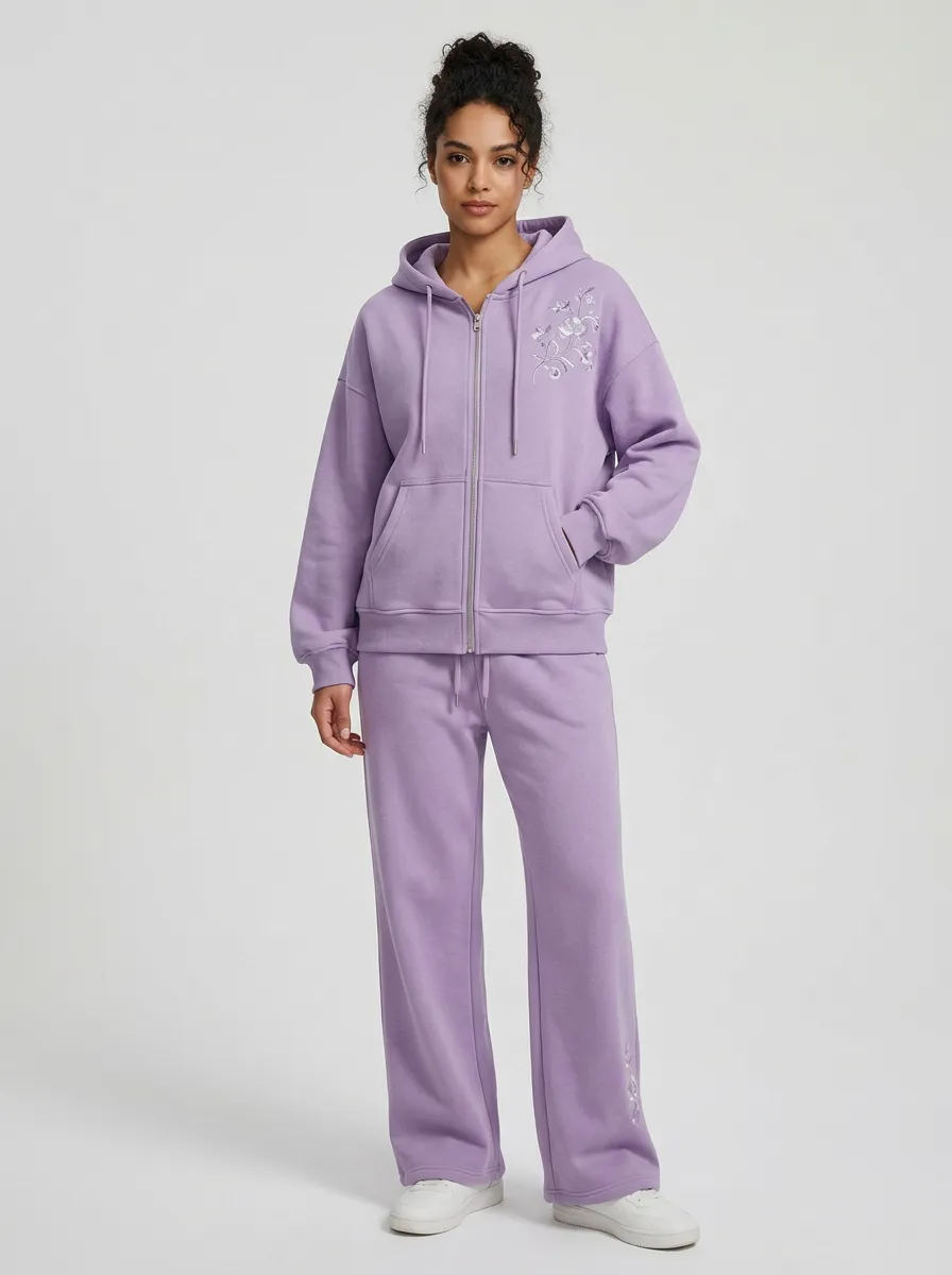 Women's Lavender Floral Embroidered Zip-Up Hoodie Jacket & Straight-Leg Pants Set