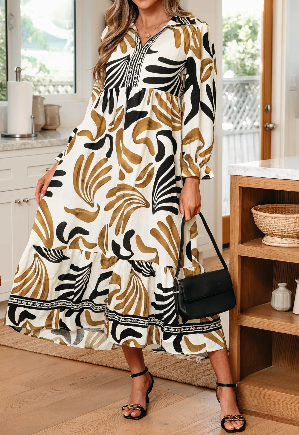 Tropical Printed Contrast Trim Neck Long Sleeve Ruffle Hem Dress