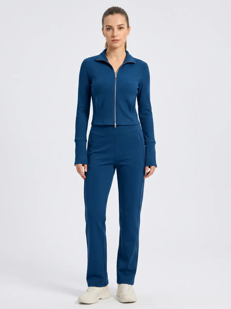 Women's Yoga Fitness Blue Ribbed Zip-Up Tracksuit Set