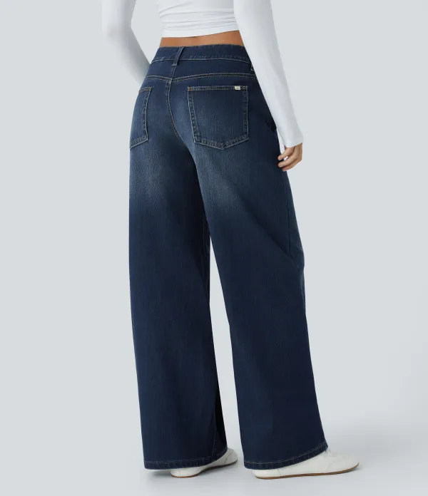 Asymmetric Low Rise Zipper Pockets Baggy Wide Leg Washed Casual Jeans