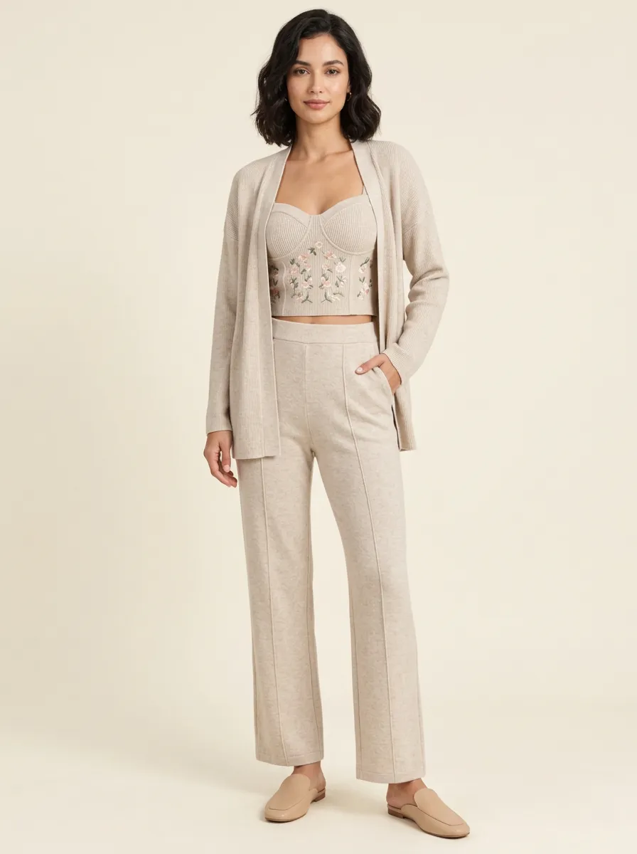 Women's Floral Embroidered Bustier Cardigan and Pants Three-Piece Set