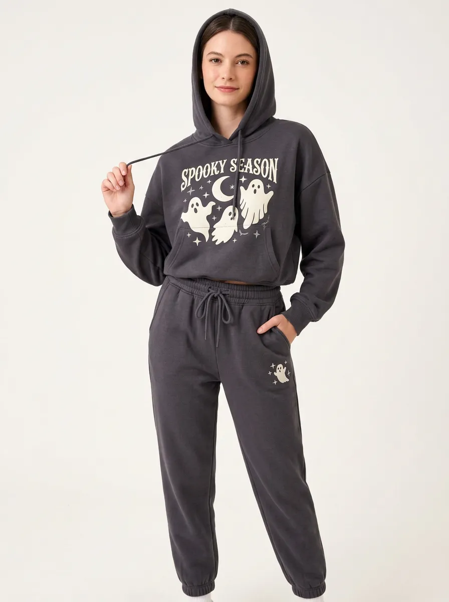 Women's Halloween Spooky Season Ghost Moon Printed Tracksuit