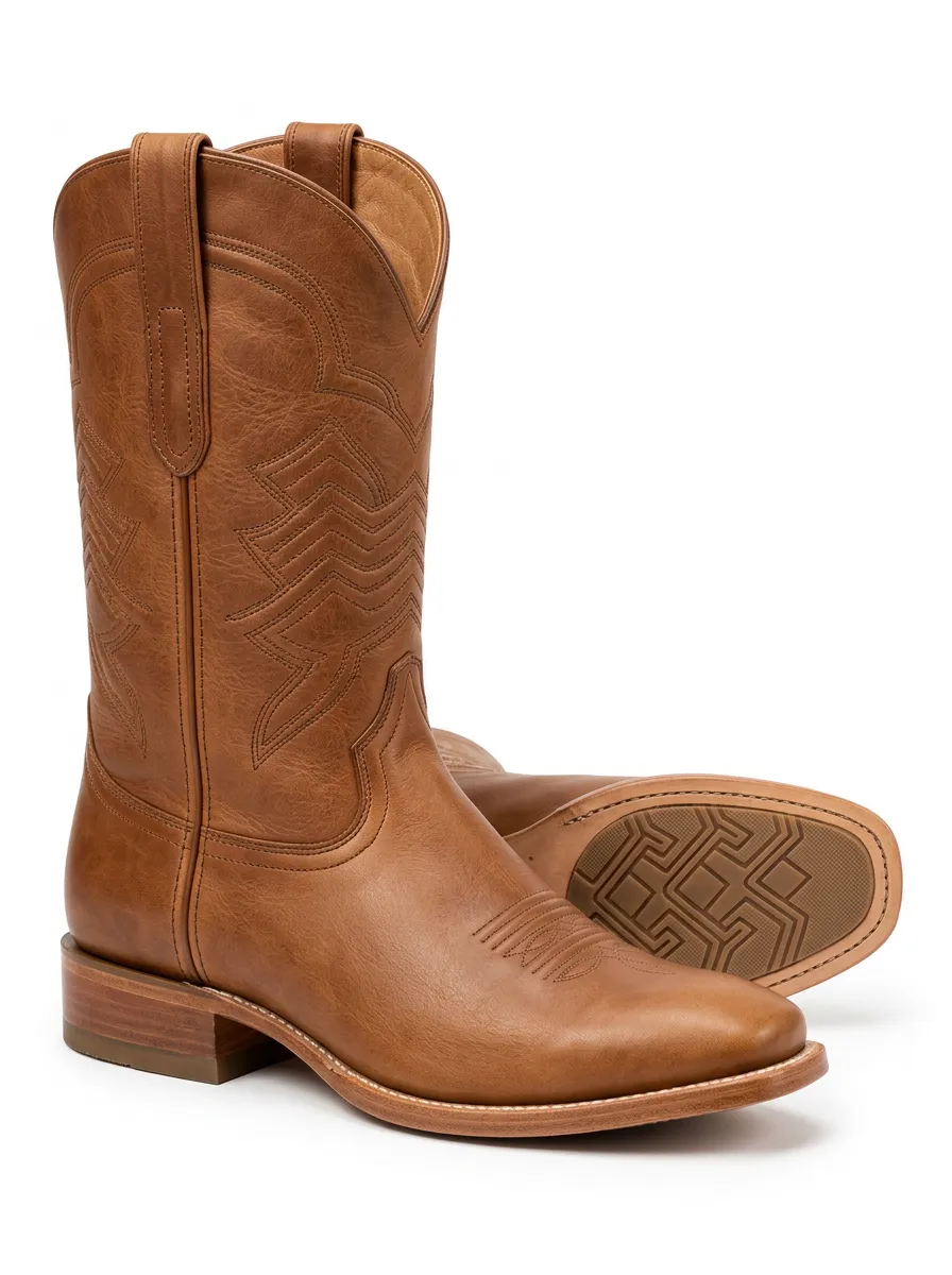 Men's Printed Brown Leather Cowboy Boots with Embroidery