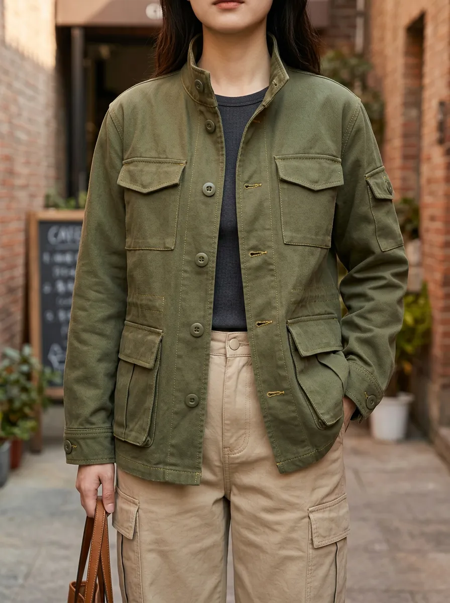 Women's Olive Green Multi-Pocket Utility Jacket