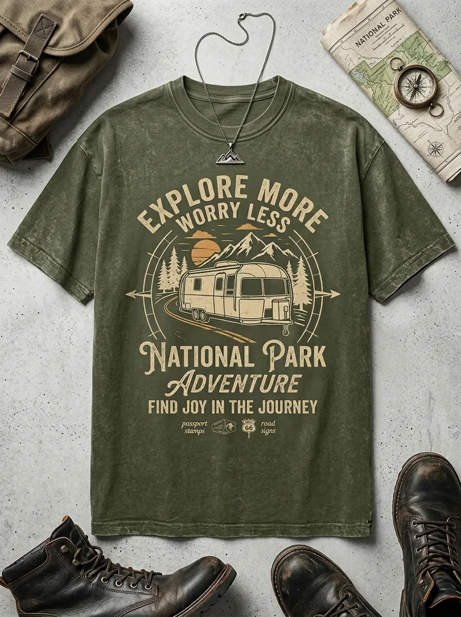 Unisex Camping Lover National Park Camper Van Printed T-shirt