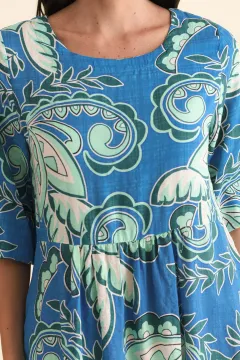 Knee-Length Paisley Cotton Blend Gathered Pocket Round-Neck Half-Sleeve Dress
