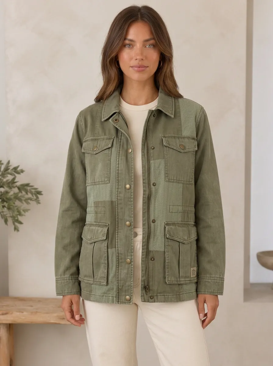Women's Military Style Olive Green Patchwork Utility Jacket