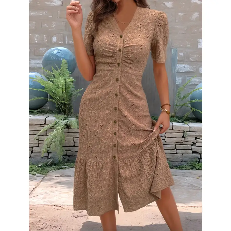Eyelet Button Front V-Neck Midi Dress