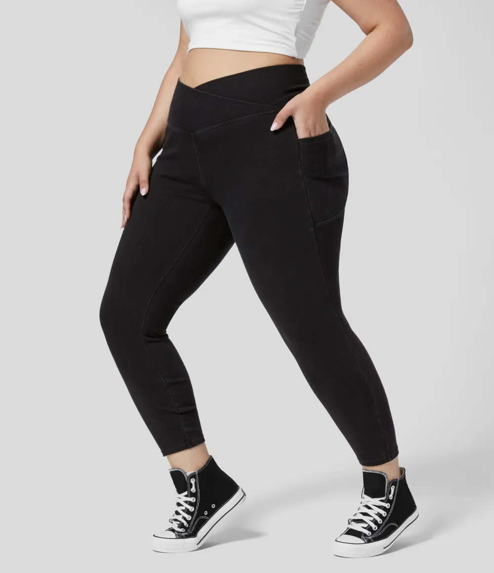 Magic Crossover Side Pocket Washed Stretchy Knit Denim Work Plus Size Leggings