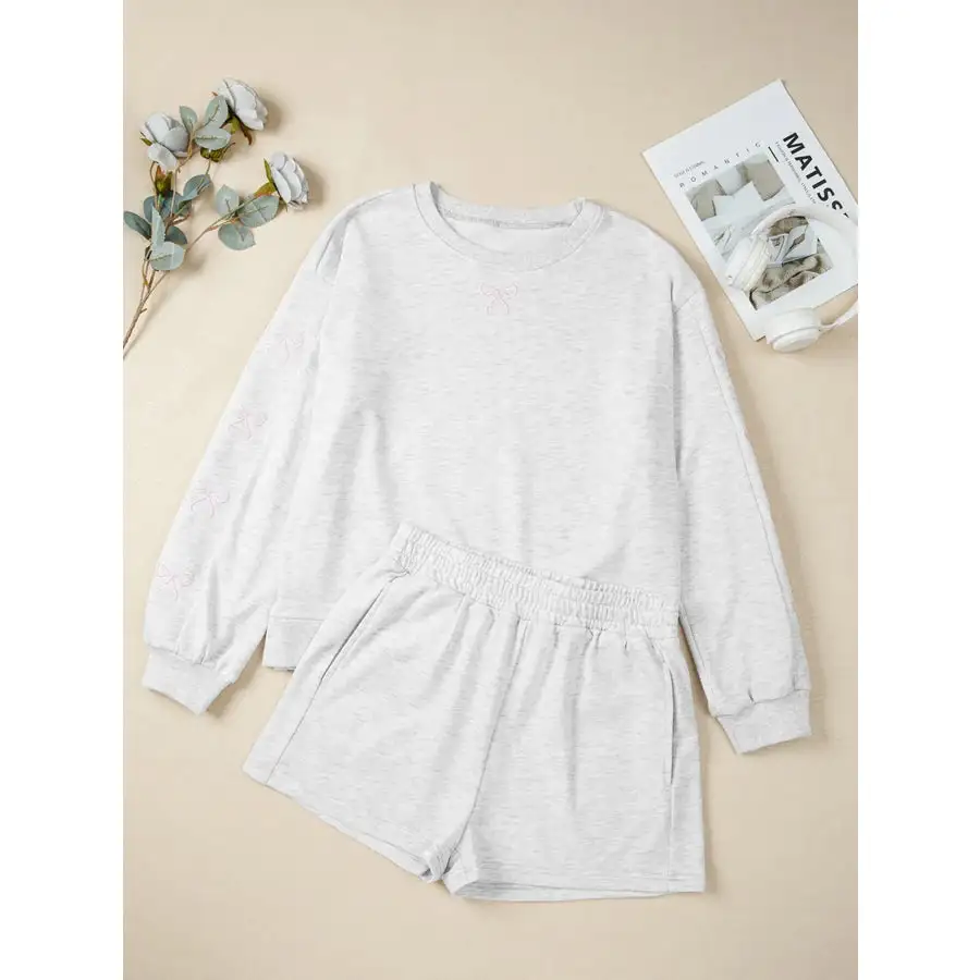 Embroidered Detail Puff Sleeve Top and Shorts 2pcs Set
