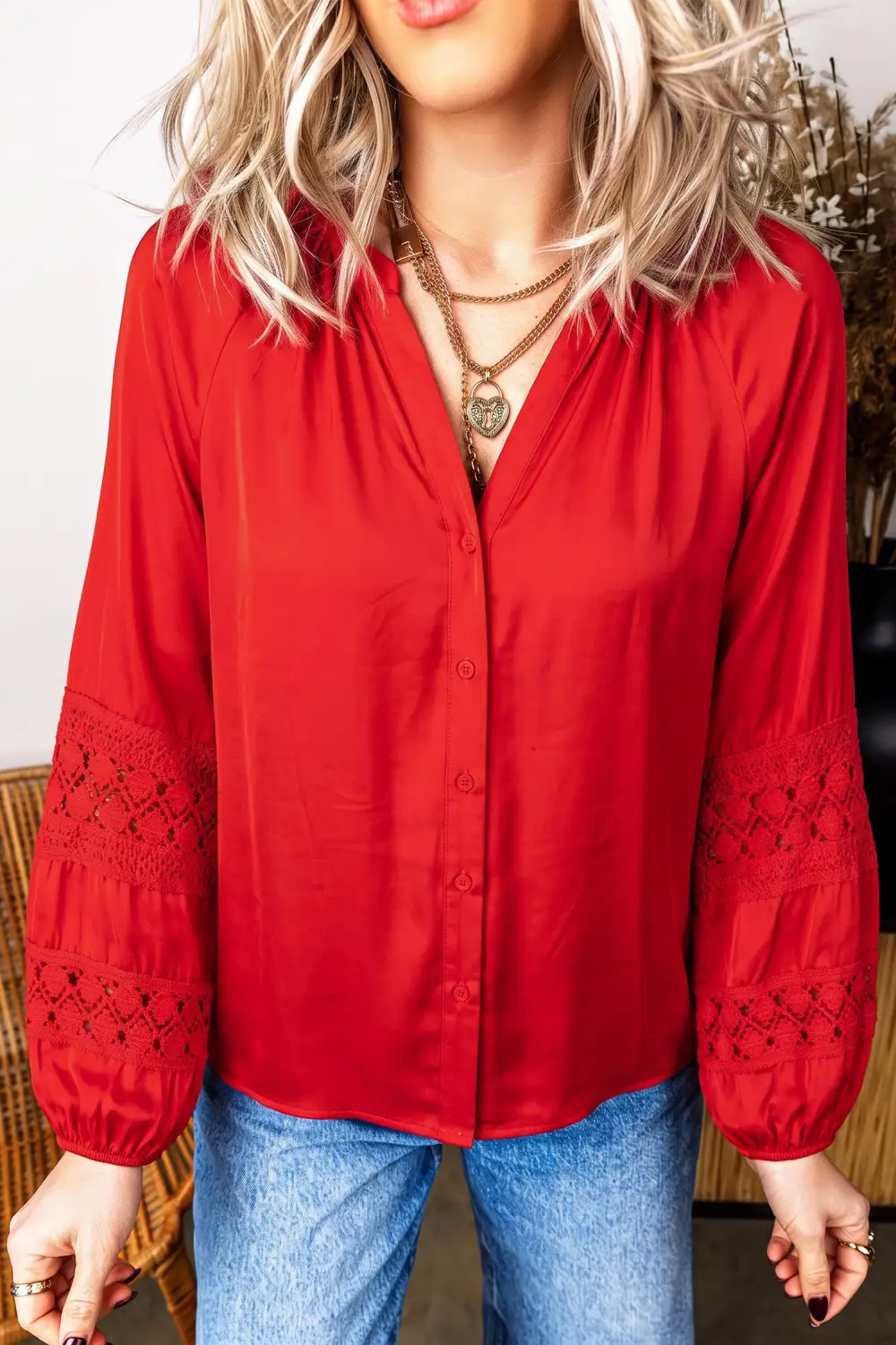 Women's Patchwork Lace V Neck Blouse