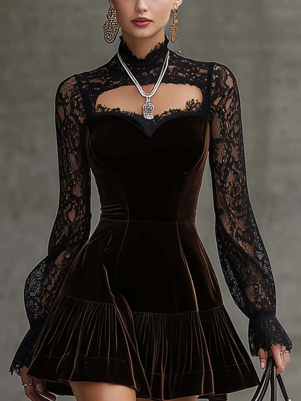 High Neck Velvet Lace Long Mini Dress