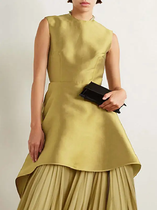 Tiered Pleated Neck Maxi Dress