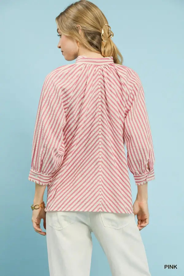 Classic Striped V Neck Button Down Top