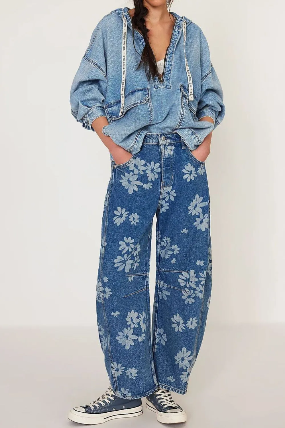 Denim Floral Print Wide Leg Pocketed Jeans