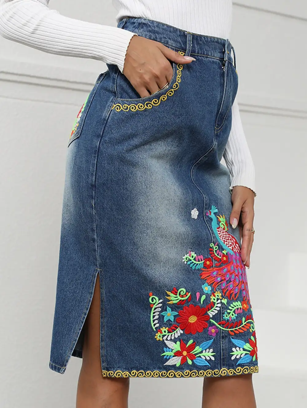Embroidered Denim Midi Skirt