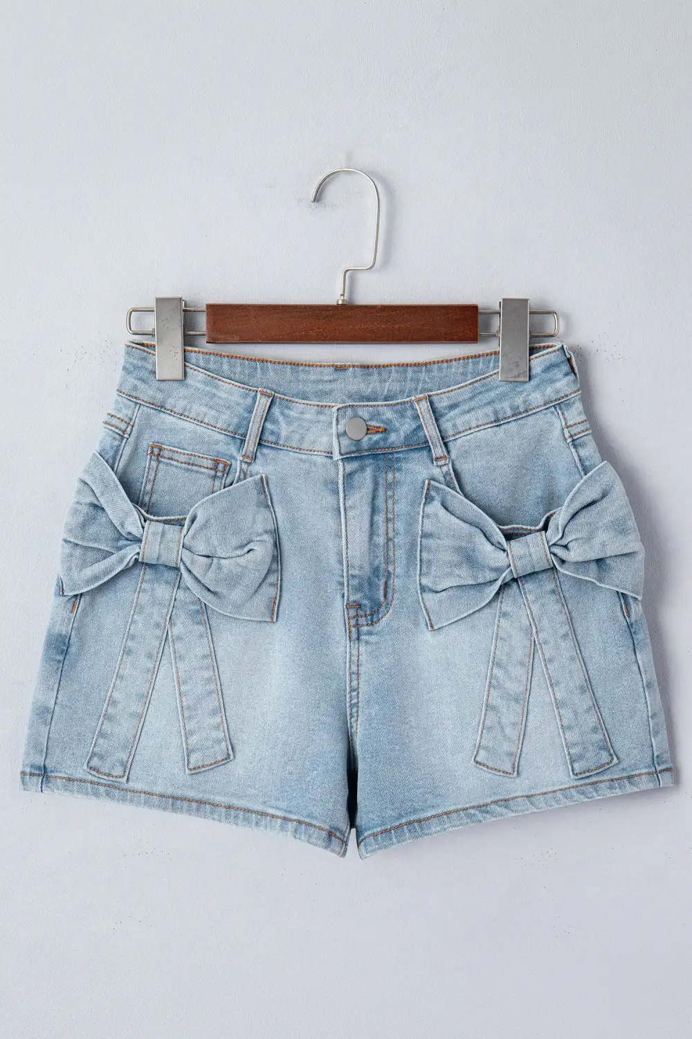 High Waist Pocketed Bow Detail Denim Shorts