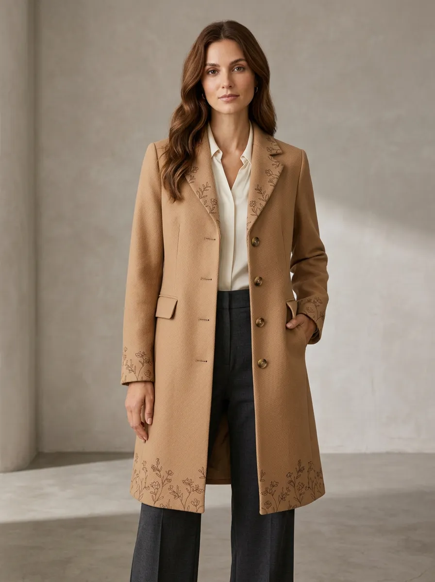 Women's Floral Line Art Camel Coat
