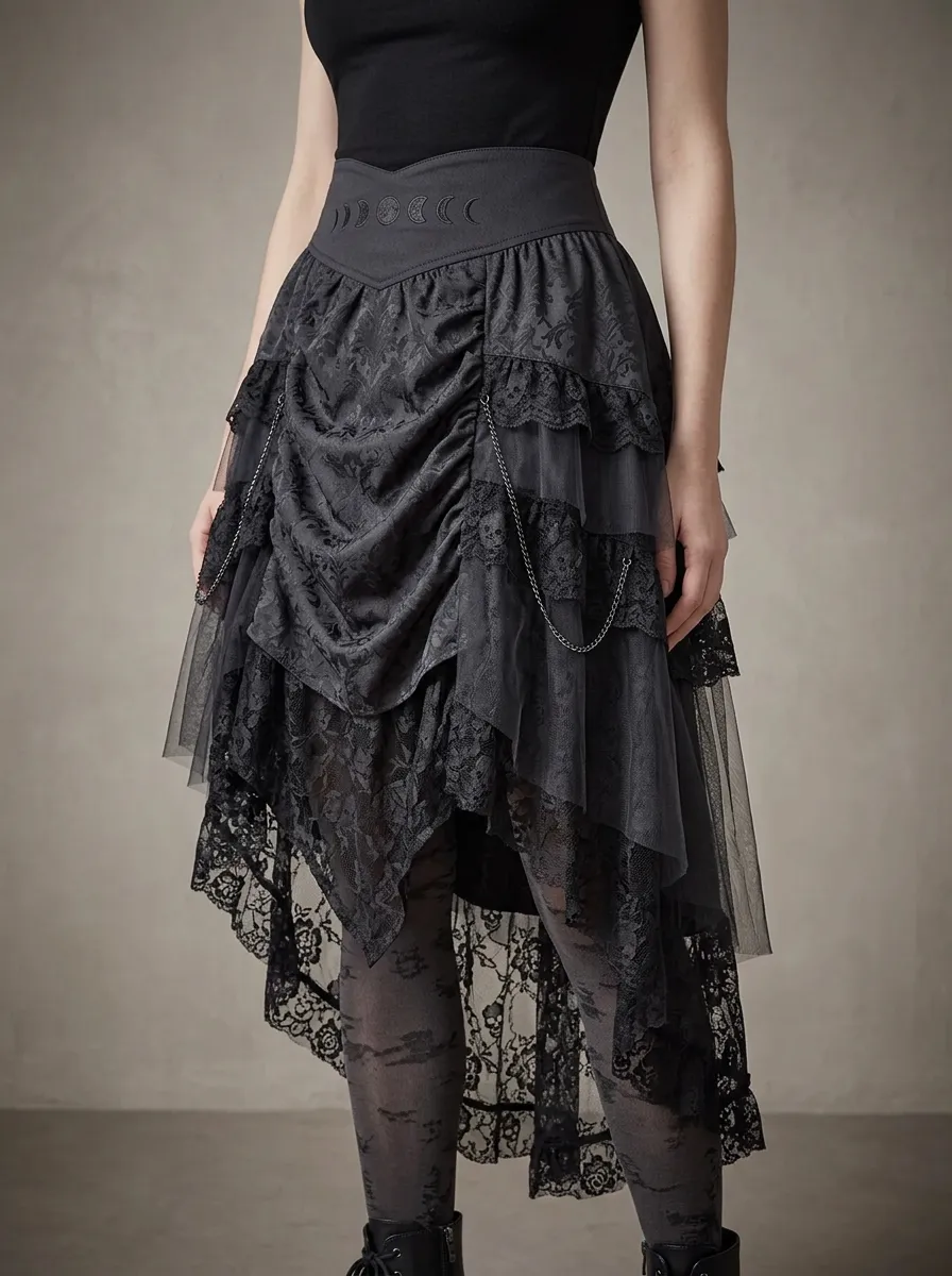 Noir Moon Lace Ruffle Punk Look Women's Gothic High-Low Skirt